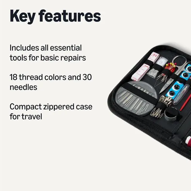 Alt view image 2 of 5 - Amazon Basics Portable Travel Sewing Kit for Adults, Includes Threads, Needles, Scissors, Buttons, Thimbles, Measuring Tape, Threader, Seam Ripper and Safety Pins, Black