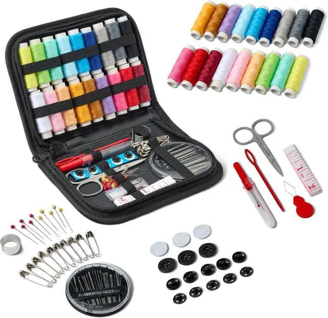 Main image of Amazon Basics Portable Travel Sewing Kit for Adults, Includes Threads, Needles, Scissors, Buttons, Thimbles, Measuring Tape, Threader, Seam Ripper and Safety Pins, Black