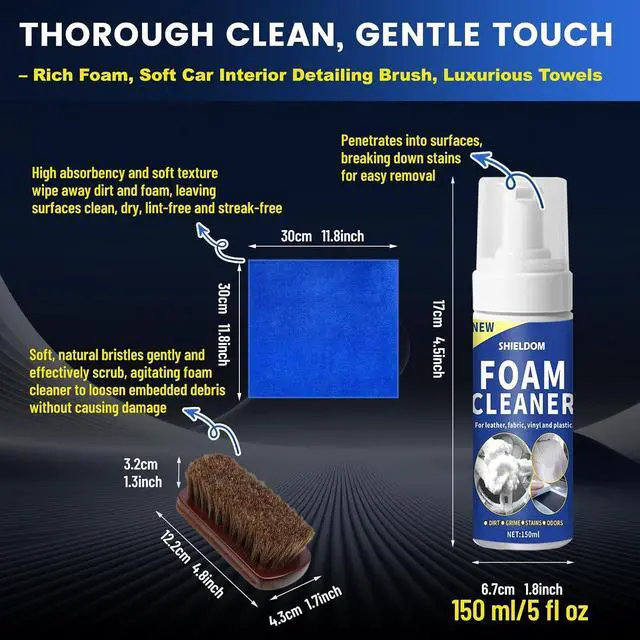 Alt view image 4 of 6 - SHIELDOM Car Interior Cleaner Kit Multifunctional Foam Cleaner, Clean Cars Seat Carpet Upholstery with Detailing Brush & Towel Deep Inside Cleaning Remove Stain from Leather/Fabric/Vinyl/Plastic - 5oz