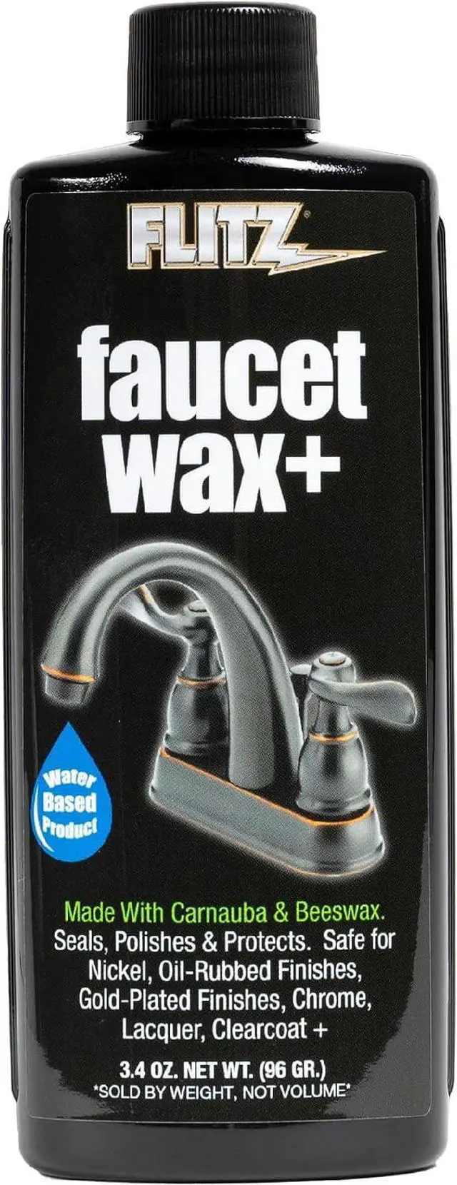 Main image of Flitz Faucet Wax Plus - 3.4oz Bottle of USA-Made, Water-Based Faucet Cleaner & Polisher for Water Stains, Fingerprints, & More - Metal Wax for Bronze, Nickel, Chrome, Brass - Granite Polish (1 Pack)