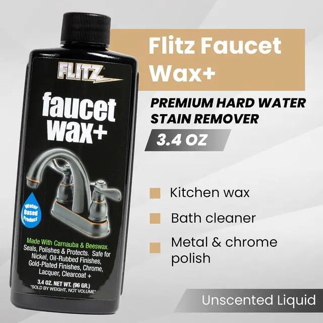 Alt view image 2 of 7 - Flitz Faucet Wax Plus - 3.4oz Bottle of USA-Made, Water-Based Faucet Cleaner & Polisher for Water Stains, Fingerprints, & More - Metal Wax for Bronze, Nickel, Chrome, Brass - Granite Polish (1 Pack)