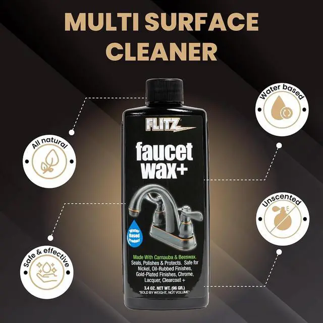 Alt view image 3 of 7 - Flitz Faucet Wax Plus - 3.4oz Bottle of USA-Made, Water-Based Faucet Cleaner & Polisher for Water Stains, Fingerprints, & More - Metal Wax for Bronze, Nickel, Chrome, Brass - Granite Polish (1 Pack)