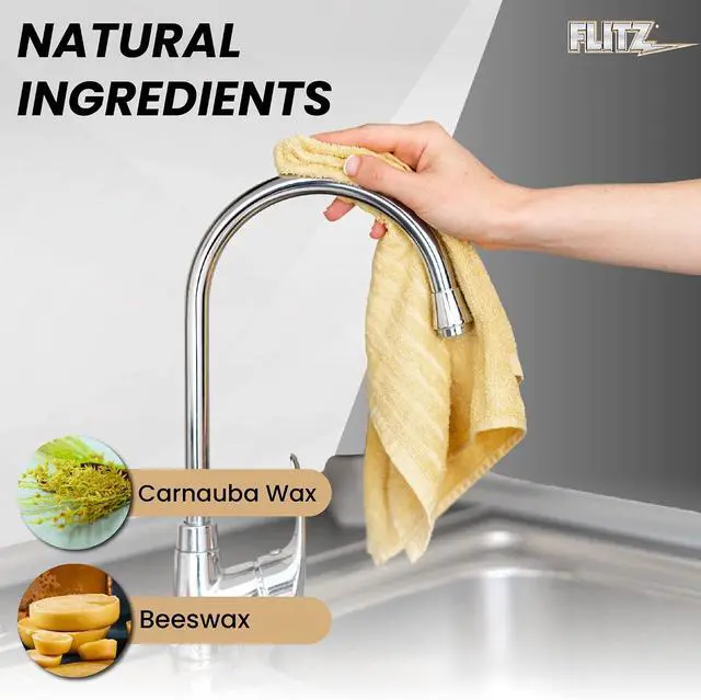 Alt view image 4 of 7 - Flitz Faucet Wax Plus - 3.4oz Bottle of USA-Made, Water-Based Faucet Cleaner & Polisher for Water Stains, Fingerprints, & More - Metal Wax for Bronze, Nickel, Chrome, Brass - Granite Polish (1 Pack)