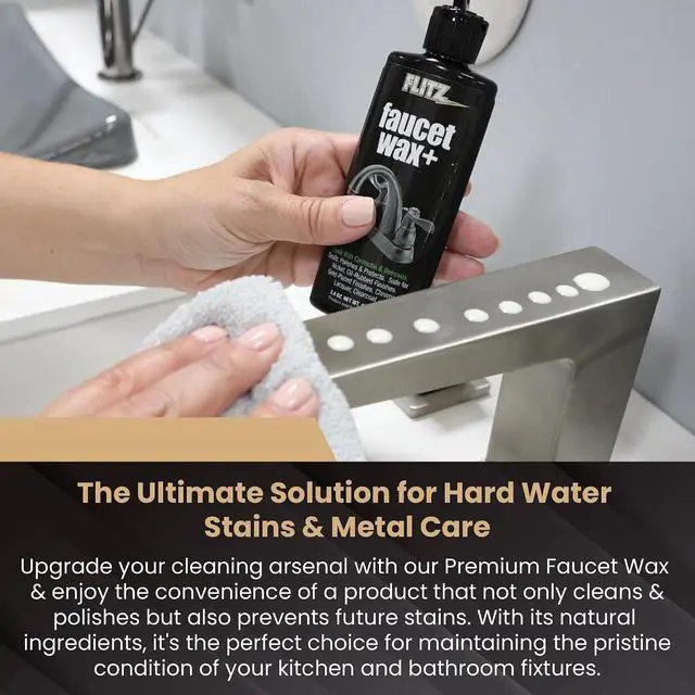 Alt view image 7 of 7 - Flitz Faucet Wax Plus - 3.4oz Bottle of USA-Made, Water-Based Faucet Cleaner & Polisher for Water Stains, Fingerprints, & More - Metal Wax for Bronze, Nickel, Chrome, Brass - Granite Polish (1 Pack)