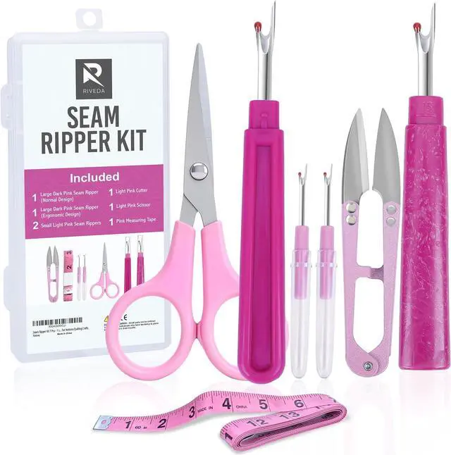 Main image of Seam Ripper Kit 7 Pcs - 1 Large, 1 Ergonomic, 2 Small Seam Rippers, Thread Cutter, Scissor, Measuring Tape - Sewing Accessories for Notions Quilting Crafts