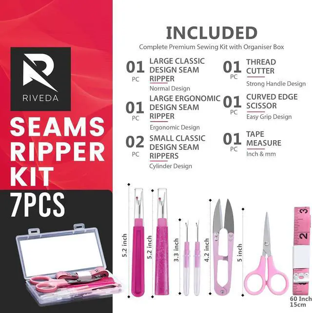 Alt view image 2 of 7 - Seam Ripper Kit 7 Pcs - 1 Large, 1 Ergonomic, 2 Small Seam Rippers, Thread Cutter, Scissor, Measuring Tape - Sewing Accessories for Notions Quilting Crafts