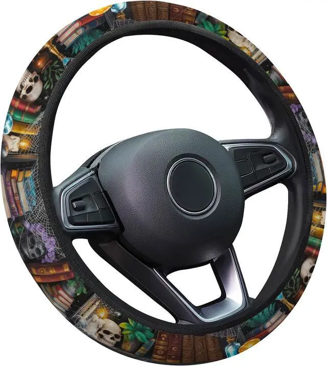 Main image of GENANY Dark Academia Books Steering Wheel Cover for Car Interior Styling | Polyester 15 Inch Steering Wheel Cover With Dark Academia Books Book Lover Gothic Library Car Interior Decor