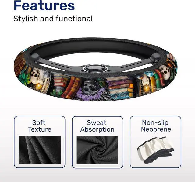 Alt view image 4 of 7 - GENANY Dark Academia Books Steering Wheel Cover for Car Interior Styling | Polyester 15 Inch Steering Wheel Cover With Dark Academia Books Book Lover Gothic Library Car Interior Decor