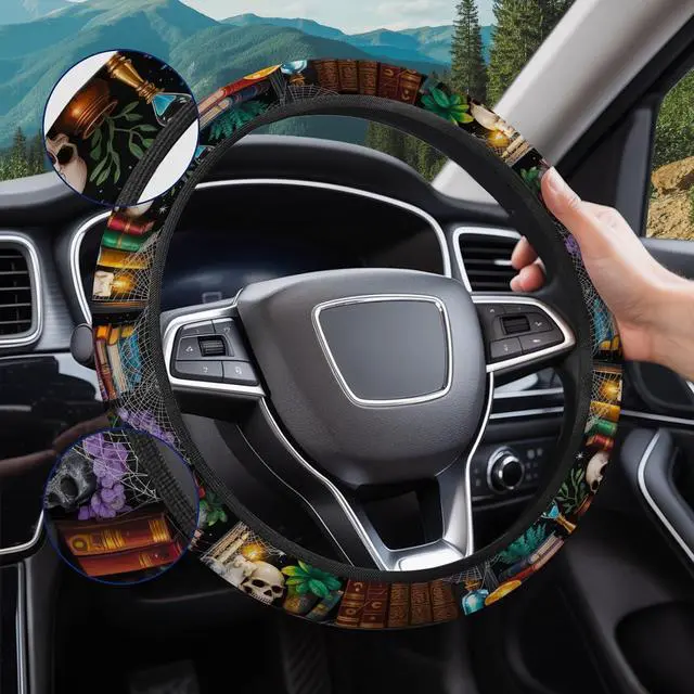 Alt view image 6 of 7 - GENANY Dark Academia Books Steering Wheel Cover for Car Interior Styling | Polyester 15 Inch Steering Wheel Cover With Dark Academia Books Book Lover Gothic Library Car Interior Decor