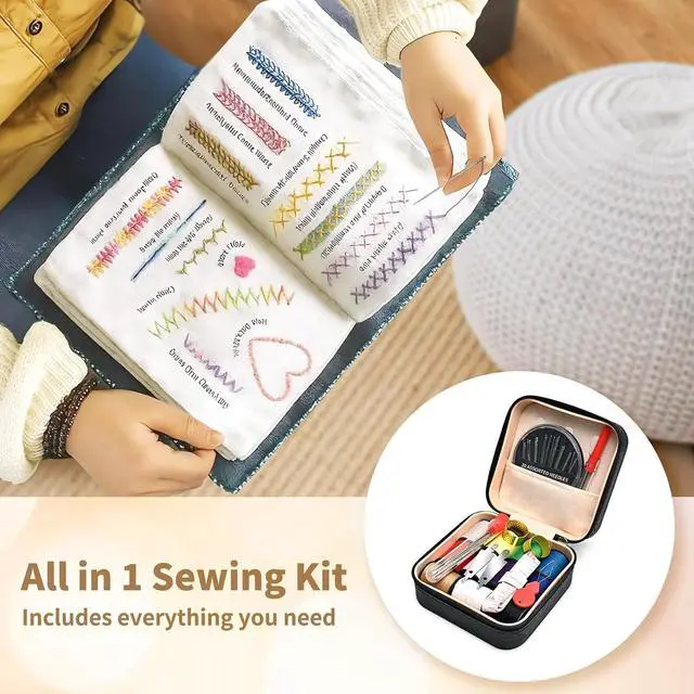 Alt view image 2 of 7 - MASHDE 74 PCS Sewing Kit, Big Eye Steel Sewing Needles Kit with Storage Box | Include 55 Steel Needles for Hand Sewing, 11 Colored Threads, Tape Measure, Needle Threaders, Seam Rippers(Black Small)