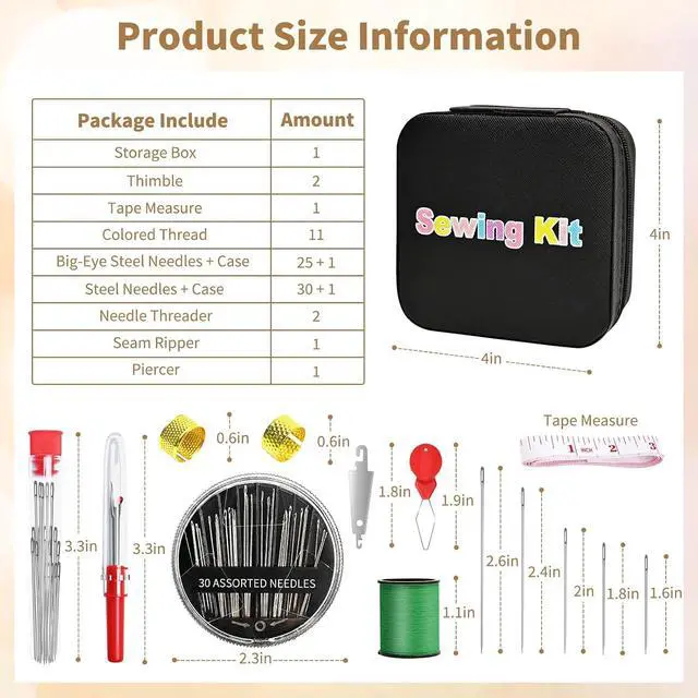 Alt view image 7 of 7 - MASHDE 74 PCS Sewing Kit, Big Eye Steel Sewing Needles Kit with Storage Box | Include 55 Steel Needles for Hand Sewing, 11 Colored Threads, Tape Measure, Needle Threaders, Seam Rippers(Black Small)