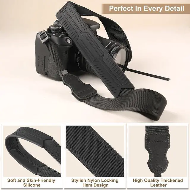Alt view image 3 of 7 - FIEIL Neck Strap Silicone Camera Straps - Padded Camera Strap, 1.5" Wide Adjustable Nylon Shoulder Strap - Compatible with Canon, Nikon, Sony, and More DSLR and Mirrorless Cameras (Black)