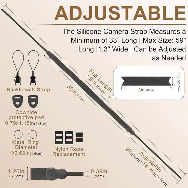 Alt view image 5 of 7 - FIEIL Neck Strap Silicone Camera Straps - Padded Camera Strap, 1.5" Wide Adjustable Nylon Shoulder Strap - Compatible with Canon, Nikon, Sony, and More DSLR and Mirrorless Cameras (Black)