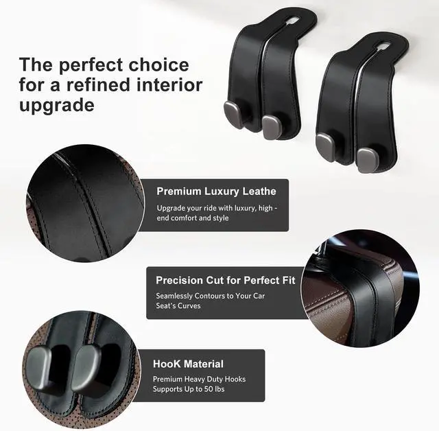 Alt view image 2 of 6 - CoBak Purse Hook for Car - Universal Premium Stitched Leather and Aluminum-Magnesium Alloy Double Car Seat Back Storage Hook for Purses, Handbags, Bags (2 Pack),Black