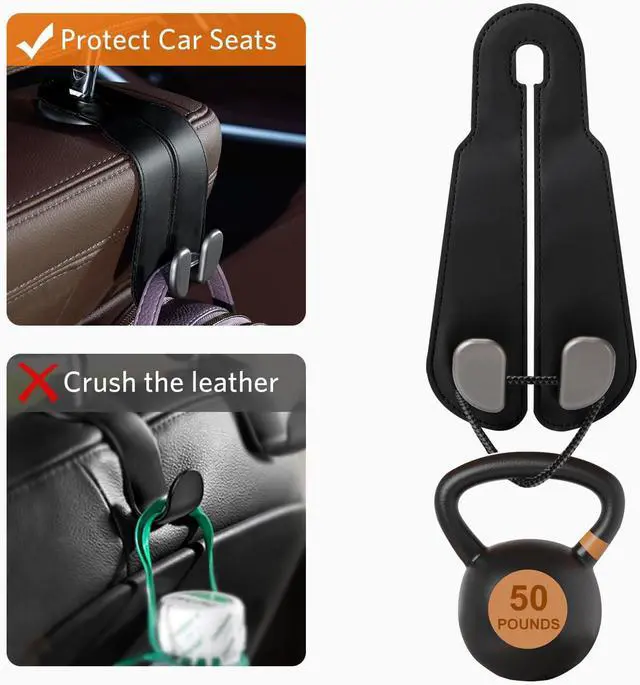 Alt view image 4 of 6 - CoBak Purse Hook for Car - Universal Premium Stitched Leather and Aluminum-Magnesium Alloy Double Car Seat Back Storage Hook for Purses, Handbags, Bags (2 Pack),Black