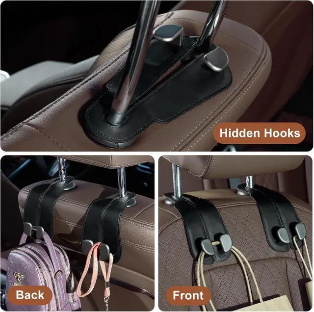 Alt view image 5 of 6 - CoBak Purse Hook for Car - Universal Premium Stitched Leather and Aluminum-Magnesium Alloy Double Car Seat Back Storage Hook for Purses, Handbags, Bags (2 Pack),Black