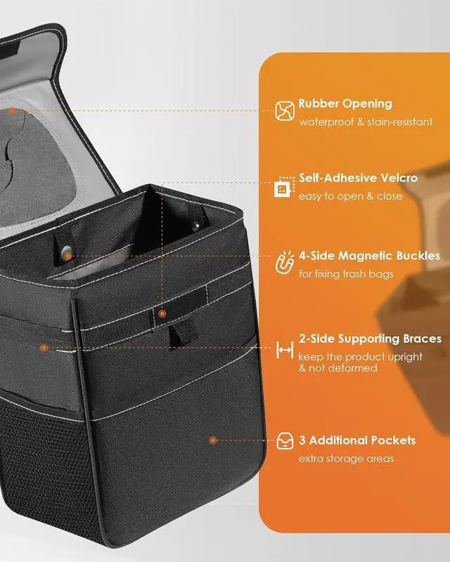 Alt view image 4 of 7 - HOTOR Car Trash Can, Leak-Proof Car Organizer, Black | 2-Gallon, Storage Bag for Back, Front or Console of Cars, Sedans, SUVs & Trucks, Easy-to-Install Car Accessory for Interior