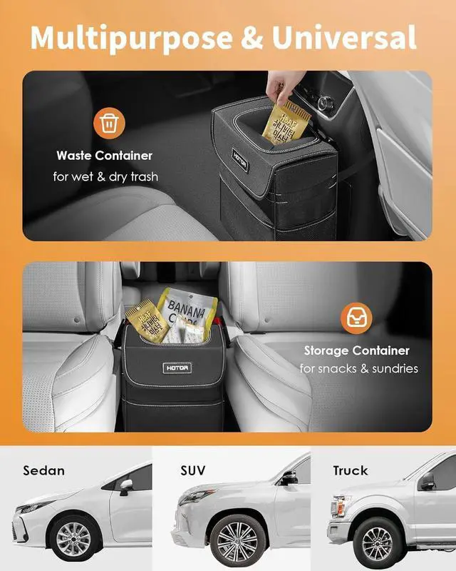 Alt view image 7 of 7 - HOTOR Car Trash Can, Leak-Proof Car Organizer, Black | 2-Gallon, Storage Bag for Back, Front or Console of Cars, Sedans, SUVs & Trucks, Easy-to-Install Car Accessory for Interior