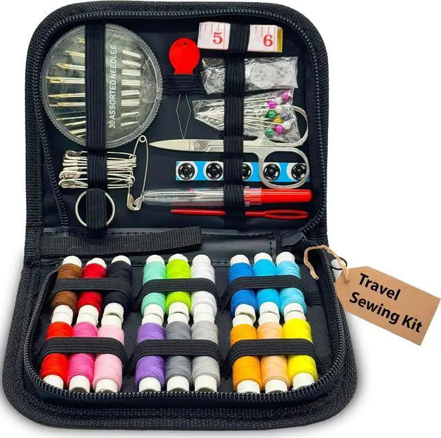 Main image of Vellostar Mini Hand Sewing Kit for Adults, Small Travel Case, 18 Threads | This travel sewing kit adds a needle threader, seam ripper, safety pins and measuring tape, not just thread and needles