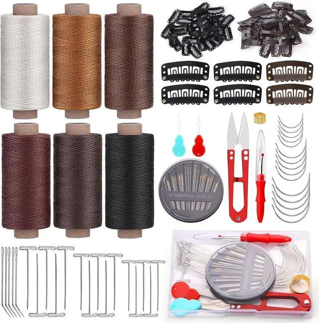 Main image of 135 Pcs Hair Extension Clip Hair Weave Thread Hand Sewing Supplies | Wig Sewing Kit Hair Thread, Metal Snap Clips, U Shape Wig Clips, J/T/C Needles and Storage Bag for DIY Wig Making Hand Sewing