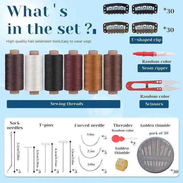 Alt view image 2 of 7 - 135 Pcs Hair Extension Clip Hair Weave Thread Hand Sewing Supplies | Wig Sewing Kit Hair Thread, Metal Snap Clips, U Shape Wig Clips, J/T/C Needles and Storage Bag for DIY Wig Making Hand Sewing