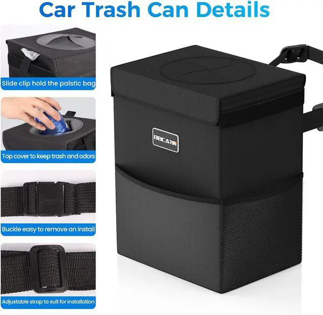 Alt view image 3 of 7 - Beicarin Car Trash Can with Lid - Trash Bag Hanging with Storage Pockets Leak-Proof Organizer Collapsible and Portable Waterproof Garbage Bin, 2.2 Gallons Multipurpose Trash Bin for Car