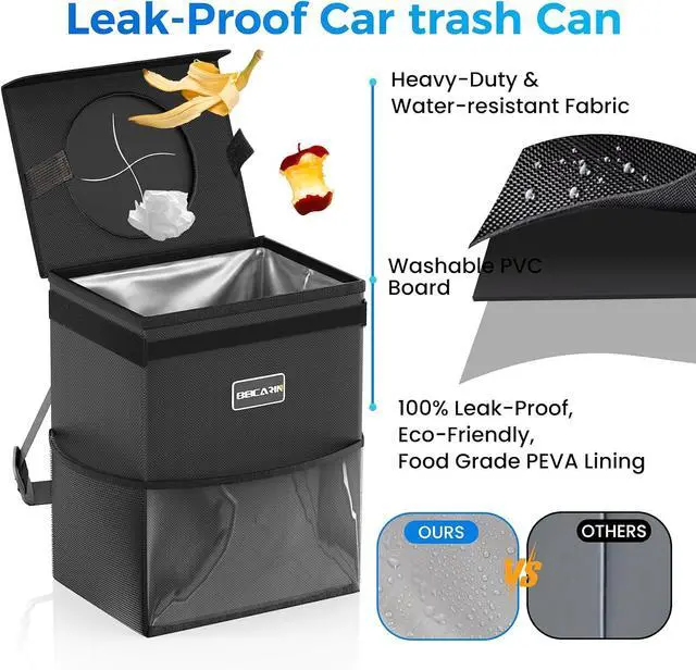 Alt view image 4 of 7 - Beicarin Car Trash Can with Lid - Trash Bag Hanging with Storage Pockets Leak-Proof Organizer Collapsible and Portable Waterproof Garbage Bin, 2.2 Gallons Multipurpose Trash Bin for Car