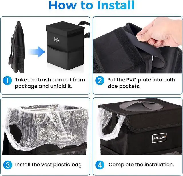 Alt view image 7 of 7 - Beicarin Car Trash Can with Lid - Trash Bag Hanging with Storage Pockets Leak-Proof Organizer Collapsible and Portable Waterproof Garbage Bin, 2.2 Gallons Multipurpose Trash Bin for Car
