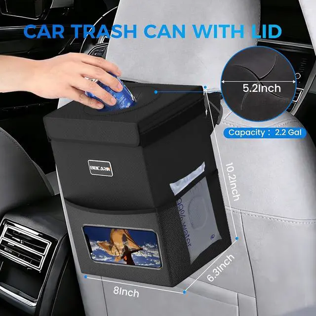 Alt view image 2 of 7 - Beicarin Car Trash Can with Lid - Trash Bag Hanging with Storage Pockets Leak-Proof Organizer Collapsible and Portable Waterproof Garbage Bin, 2.2 Gallons Multipurpose Trash Bin for Car
