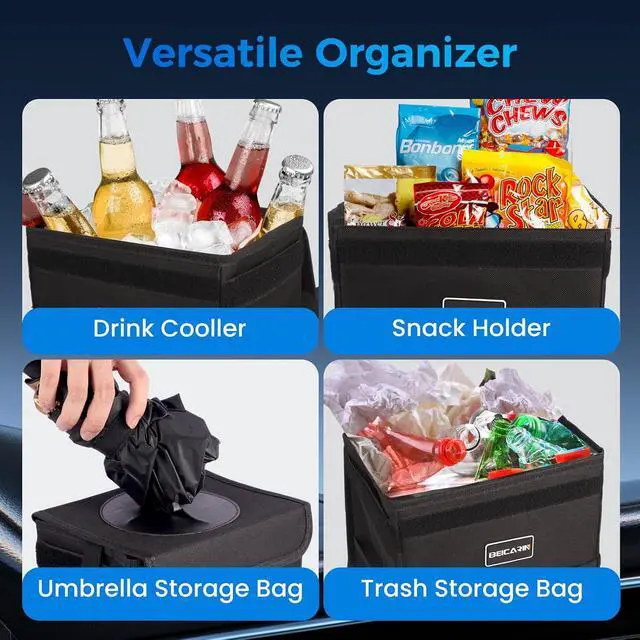 Alt view image 6 of 7 - Beicarin Car Trash Can with Lid - Trash Bag Hanging with Storage Pockets Leak-Proof Organizer Collapsible and Portable Waterproof Garbage Bin, 2.2 Gallons Multipurpose Trash Bin for Car