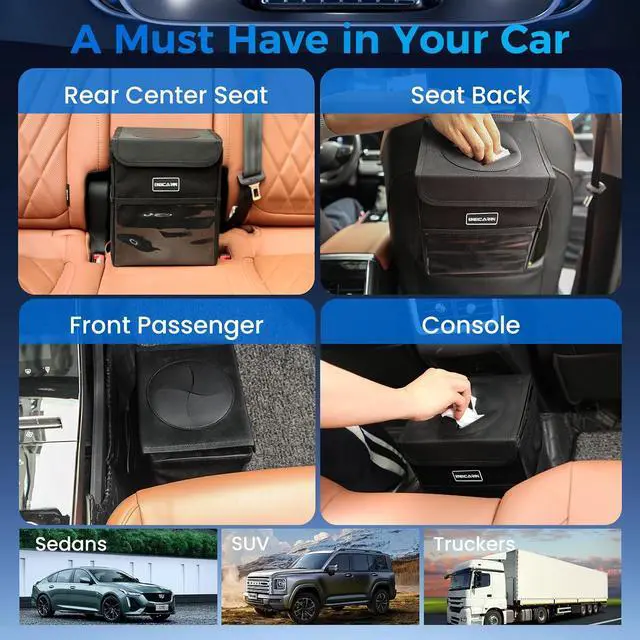 Alt view image 5 of 7 - Beicarin Car Trash Can with Lid - Trash Bag Hanging with Storage Pockets Leak-Proof Organizer Collapsible and Portable Waterproof Garbage Bin, 2.2 Gallons Multipurpose Trash Bin for Car