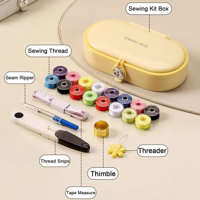 Alt view image 3 of 7 - Portable Sewing Kit for Emergency Repair, Travel Sewing Kit Box with Round Case, Includes Needles, Thread, Scissors, Thimble - Perfect Home & Dorm Essential for Beginners (3 Stylish Colors) (Yellow)