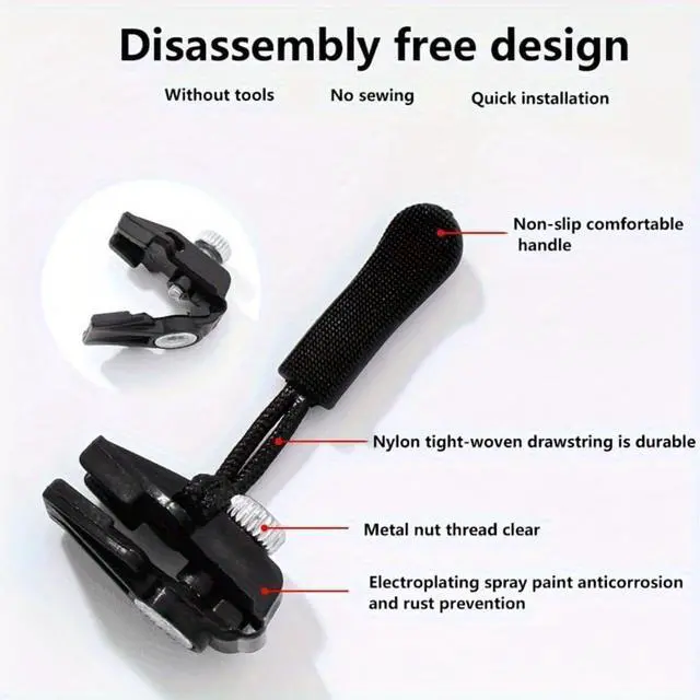 Alt view image 2 of 7 - Zipper Repair Kit, 12pcs 3 Different Size Replacement Zipper Quick Install Detachable Pulls Zip Heads, No Sewing Required, for Jackets, Luggage, Bags