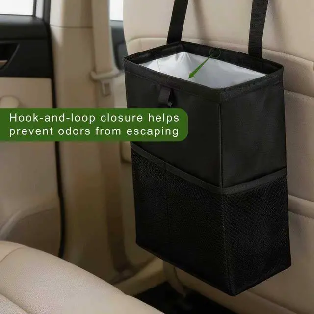 Alt view image 2 of 7 - Car Trash Can, 3.4 Gallons Leak-Proof Hanging Trash Bin with Hook and Loop Lid and Handle, Multipurpose Car Organizer with Storage Pockets for SUV, Truck, RV and Camping