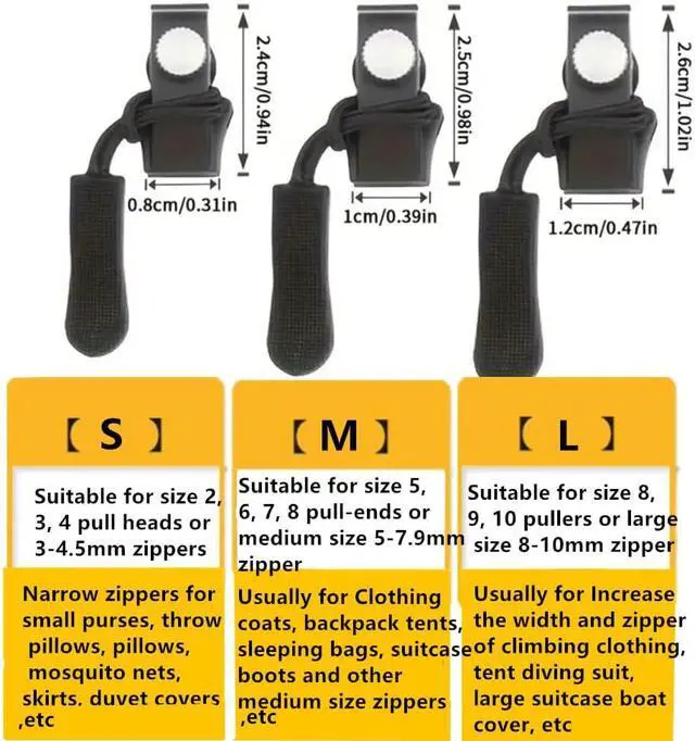 Alt view image 4 of 7 - Zipper Repair Kit, 12pcs 3 Different Size Replacement Zipper Quick Install Detachable Pulls Zip Heads, No Sewing Required, for Jackets, Luggage, Bags