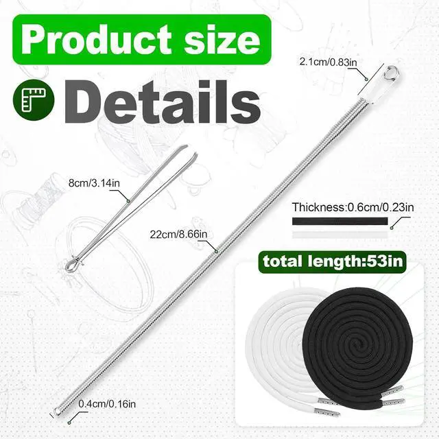 Alt view image 3 of 6 - 15-Piece Drawstring Set 12 Replacement Drawstrings for Pants, Jackets & Hoodies + 3 Drawstring Threader ToolsWhite&Black