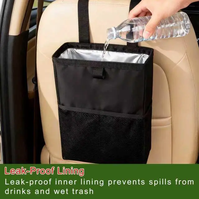 Alt view image 6 of 7 - Car Trash Can, 3.4 Gallons Leak-Proof Hanging Trash Bin with Hook and Loop Lid and Handle, Multipurpose Car Organizer with Storage Pockets for SUV, Truck, RV and Camping