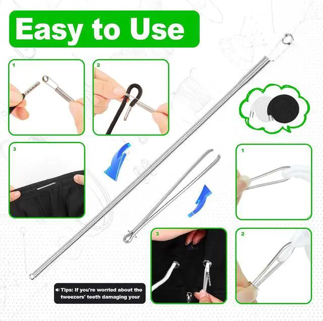 Alt view image 4 of 6 - 15-Piece Drawstring Set 12 Replacement Drawstrings for Pants, Jackets & Hoodies + 3 Drawstring Threader ToolsWhite&Black