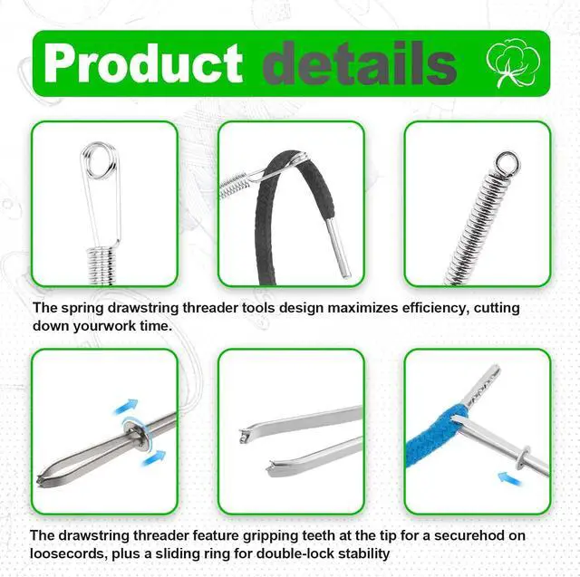 Alt view image 5 of 6 - 15-Piece Drawstring Set 12 Replacement Drawstrings for Pants, Jackets & Hoodies + 3 Drawstring Threader ToolsWhite&Black