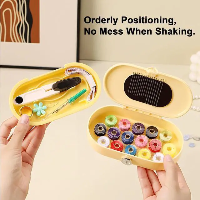 Alt view image 6 of 7 - Portable Sewing Kit for Emergency Repair, Travel Sewing Kit Box with Round Case, Includes Needles, Thread, Scissors, Thimble - Perfect Home & Dorm Essential for Beginners (3 Stylish Colors) (Yellow)