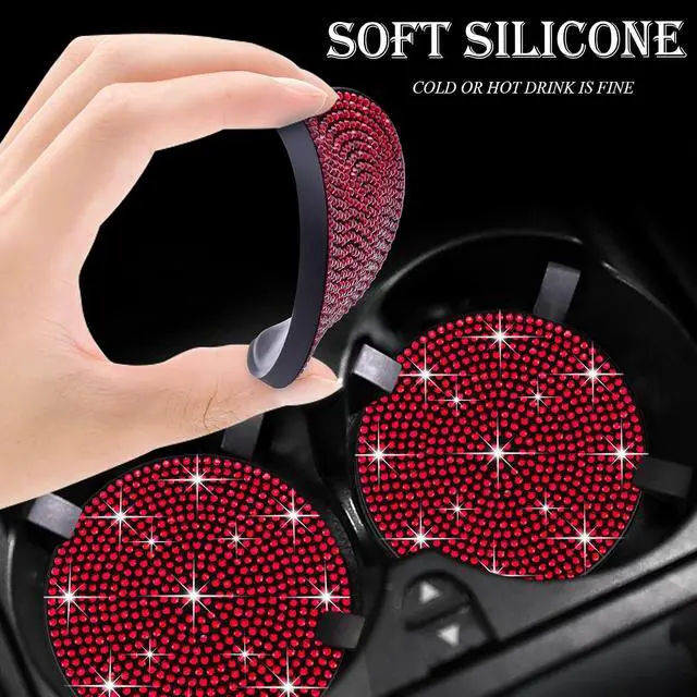Alt view image 5 of 7 - 2PCS Bling Cup Holder Coaster, 2.75 inch Full Crystal Rhinestone Silicone Anti-Slip Shockproof, Universal Non-Slip Recessed Car Interior Accessories (Black & Red)