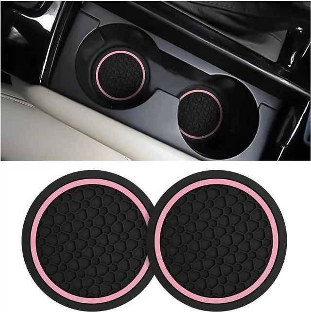 Main image of Mandark 2PCS 2.75 Inch Car Cup Holder Coasters, Non-Slip, Black/Pink, 2PCS | PVC construction, washable waterproof surface, fits most cars, SUVs, and trucks, automotive accessories