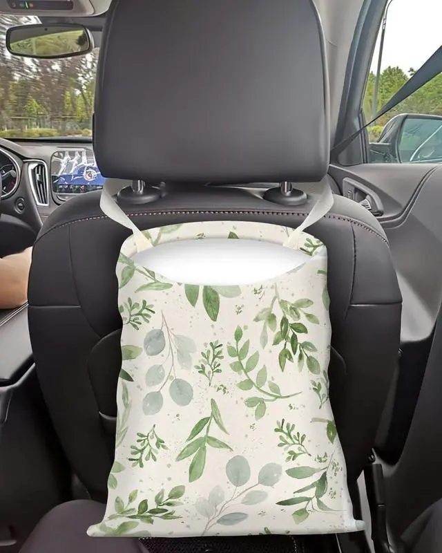 Alt view image 2 of 5 - Car Trash Can, Seat Back Hanging Car Trash Bag, Cute Canvas Car Garbage Bag, Essential Car Trash Bin Car Organizers Green Leaf Floral