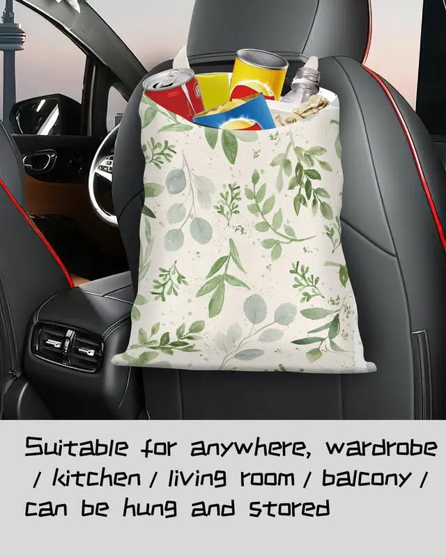 Alt view image 4 of 5 - Car Trash Can, Seat Back Hanging Car Trash Bag, Cute Canvas Car Garbage Bag, Essential Car Trash Bin Car Organizers Green Leaf Floral