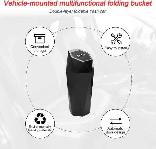 Alt view image 3 of 7 - Mini Portable Car Trash Can with Lid, Style 1, Black | compact design, waterproof surface, diamond pattern, for vehicles offices kitchens and homes, interior storage use