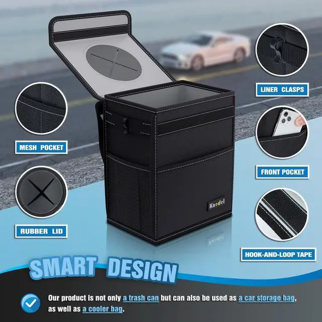 Alt view image 3 of 6 - K KNODEL 2 Gallon Black Leak-Proof Waterproof Car Trash Can with Lid | Waterproof Car Garbage Can with Liner, Hanging Trash Bag for Car, Suv, Van, Truck