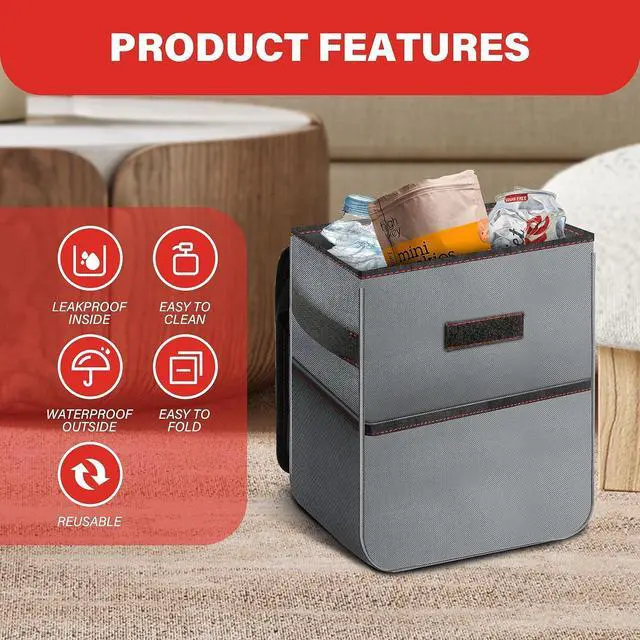 Alt view image 3 of 7 - Simple Deluxe Car Trash Can with Lid and Storage Pockets, Multipurpose Garbage Bin with Adjustable Straps, Collapsible and Portable Organizer, 2 Gallon, Grey