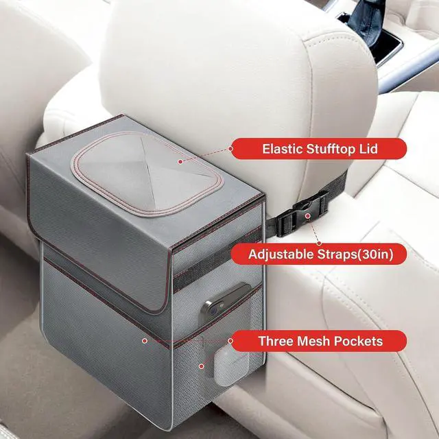 Alt view image 4 of 7 - Simple Deluxe Car Trash Can with Lid and Storage Pockets, Multipurpose Garbage Bin with Adjustable Straps, Collapsible and Portable Organizer, 2 Gallon, Grey