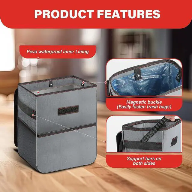 Alt view image 5 of 7 - Simple Deluxe Car Trash Can with Lid and Storage Pockets, Multipurpose Garbage Bin with Adjustable Straps, Collapsible and Portable Organizer, 2 Gallon, Grey