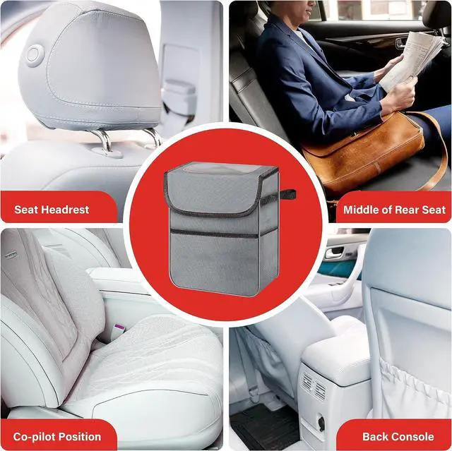 Alt view image 6 of 7 - Simple Deluxe Car Trash Can with Lid and Storage Pockets, Multipurpose Garbage Bin with Adjustable Straps, Collapsible and Portable Organizer, 2 Gallon, Grey